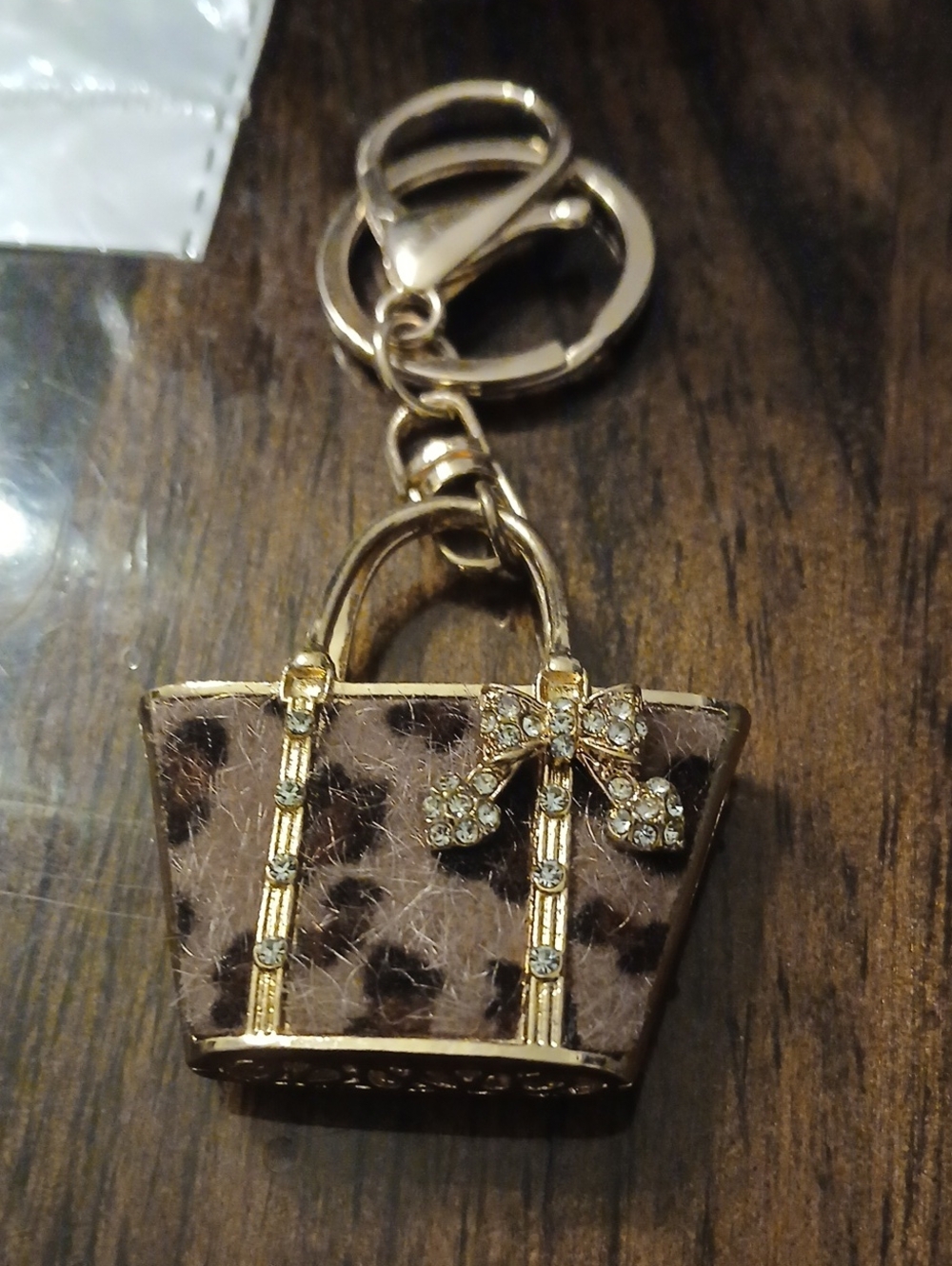 Gold-Tone Leopard Print Bow Keychain Charm